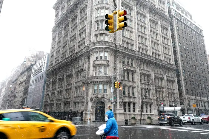 Snowfall outside the The Alwyn Court in Midtown Manhattan on March 9, 2022 — the last time the city experienced measurable snow.